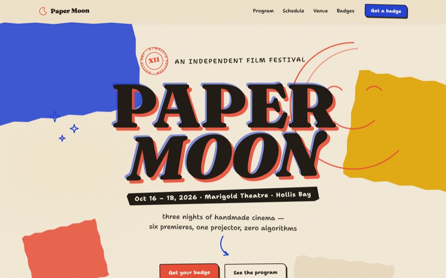 Screenshot of the Paper Moon hero after pass one: collage scraps, stamp, and riso-offset title in place.
