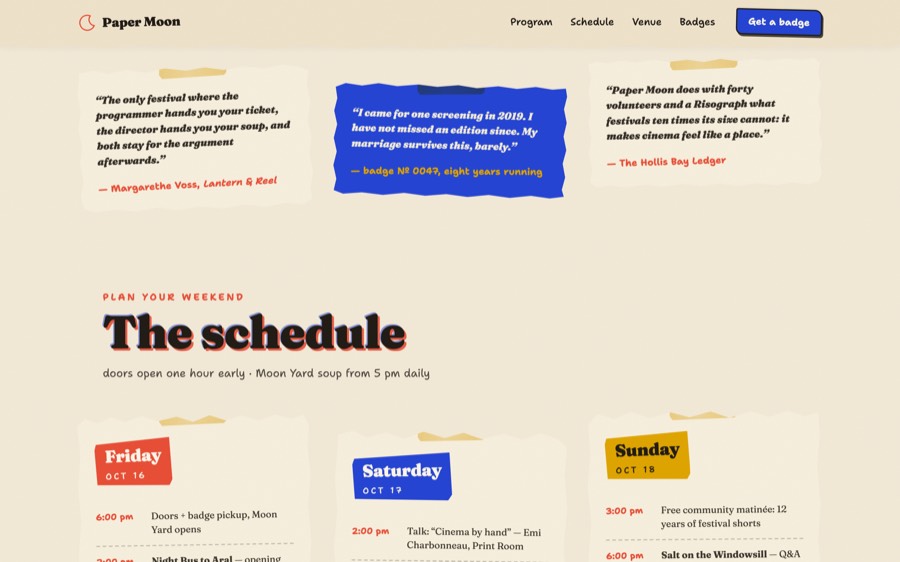 Screenshot after pass two: taped press-quote scraps sit above the schedule cards.